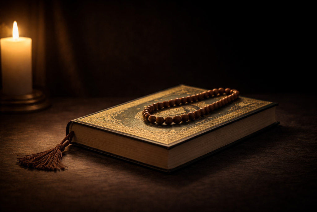 “Corán cerrado con misbaha sobre fondo oscuro, iluminado con luz suave, símbolo de reflexión, oración y preparación espiritual.”